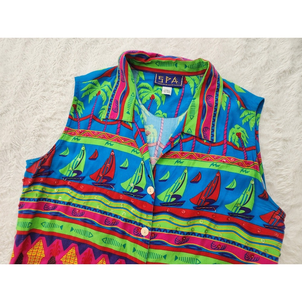 Vintage SPA Size XL Tie Front Crop Top Shirt Tropical Sailboat Sequins Rayon